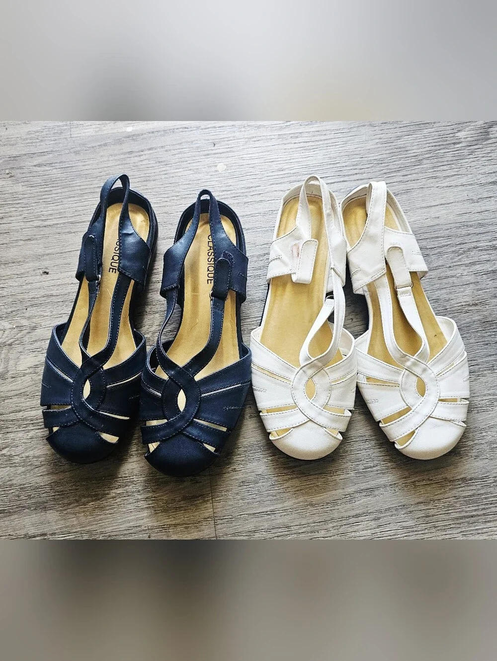 Comfort T-Strap Sandals in Navy and White - Women Shoes